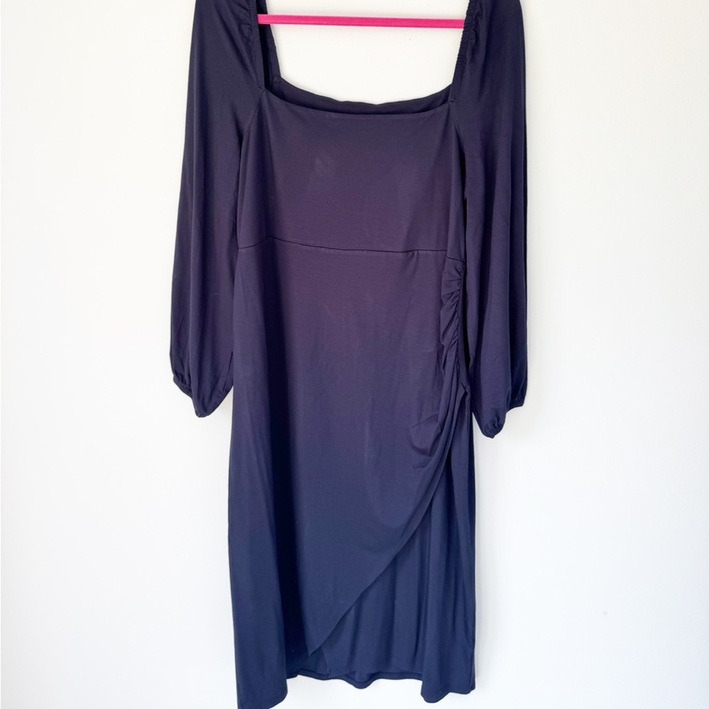 Boden Navy Blue Ruched Sheath Dress with Bishop Sleeves